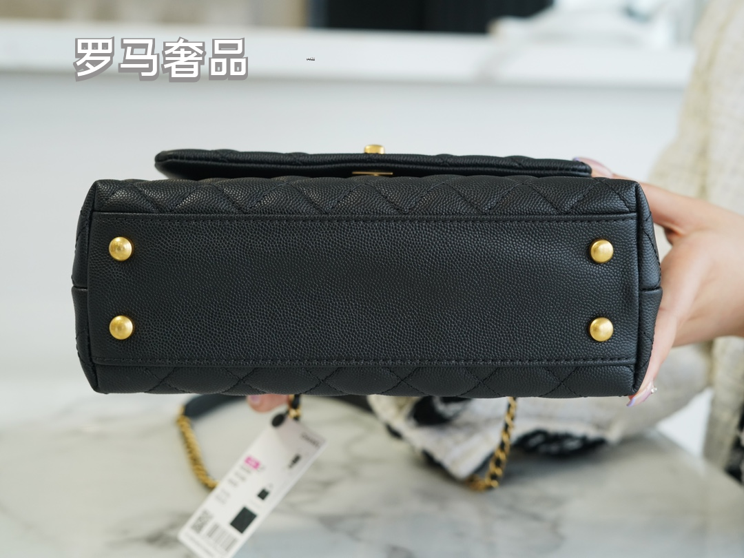 Chanel Medium Coco Handle Bag Black Quilted Caviar Leather Gold Hardware