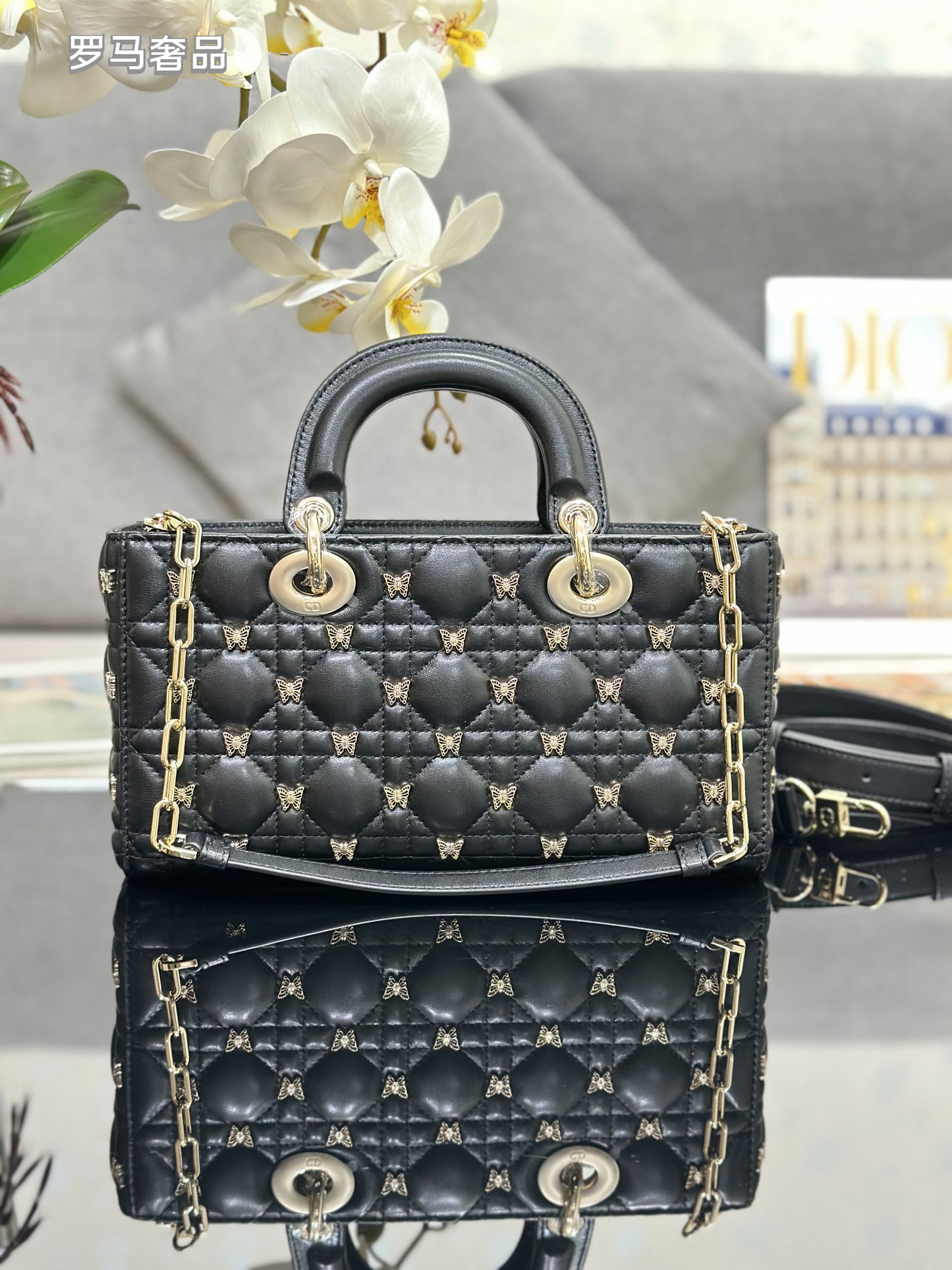 Dior Luxury Black Quilted Leather Top Handle Bag with Gold Butterfly Charm