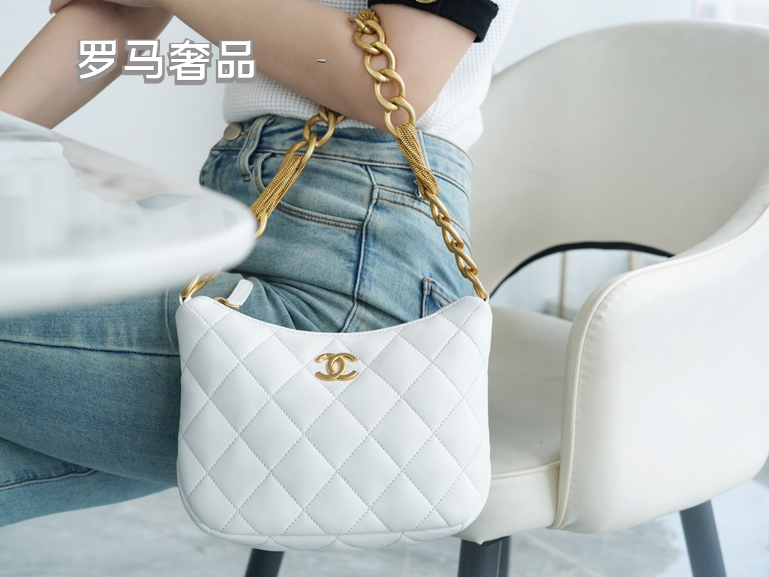 Chanel Quilted Black Leather Hobo Bag with Gold-Tone Chain Strap