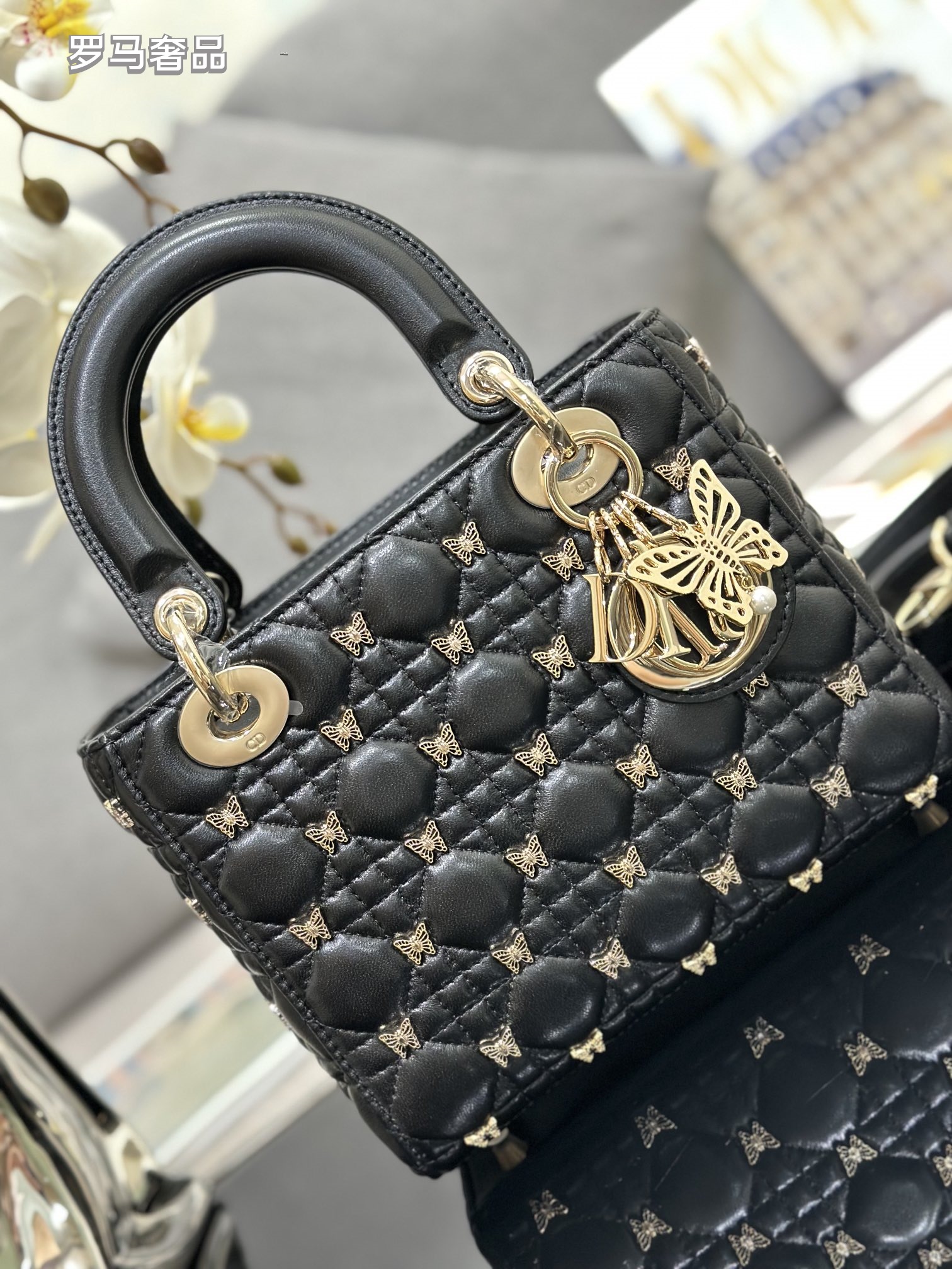Lady Dior Small Handbag - Black Quilted Leather with Butterfly Embellishments