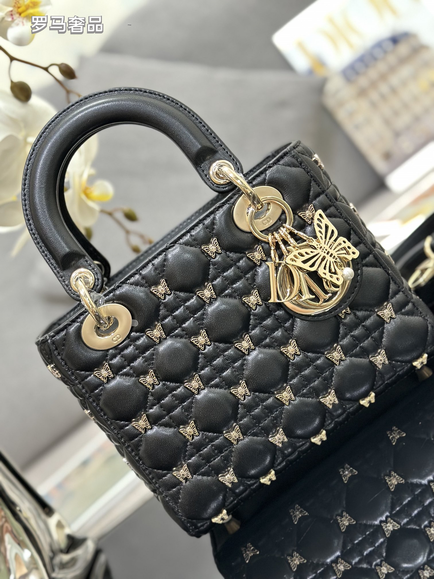 Dior Luxury Black Quilted Leather Handbag with Gold Butterfly Charm
