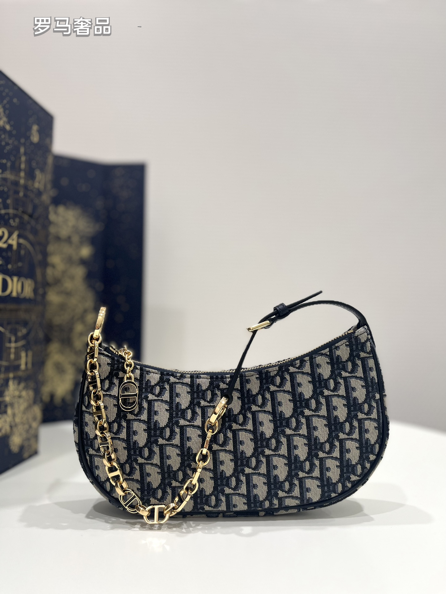 Dior Elegant Monogram Canvas Crescent Shoulder Bag with Gold Chain