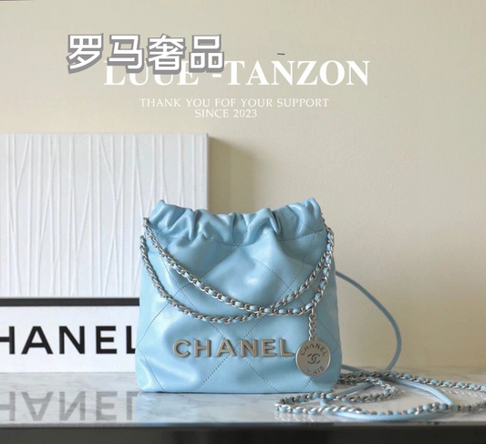 Chanel 22 Mini Handbag - Light Blue Calfskin with Silver-Tone Metal
