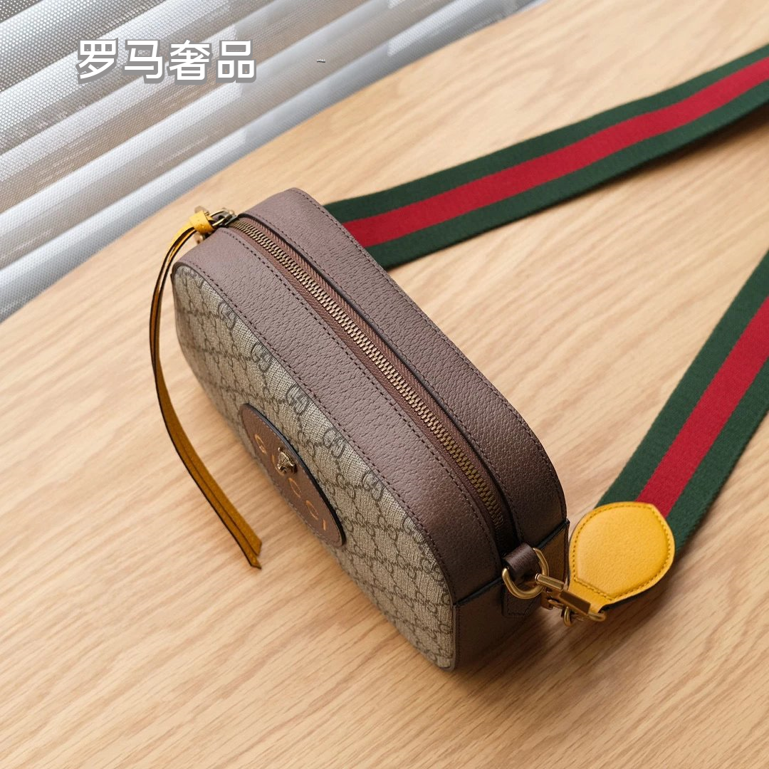 Gucci Retro Monogram Canvas Camera Crossbody Bag with Striped Strap