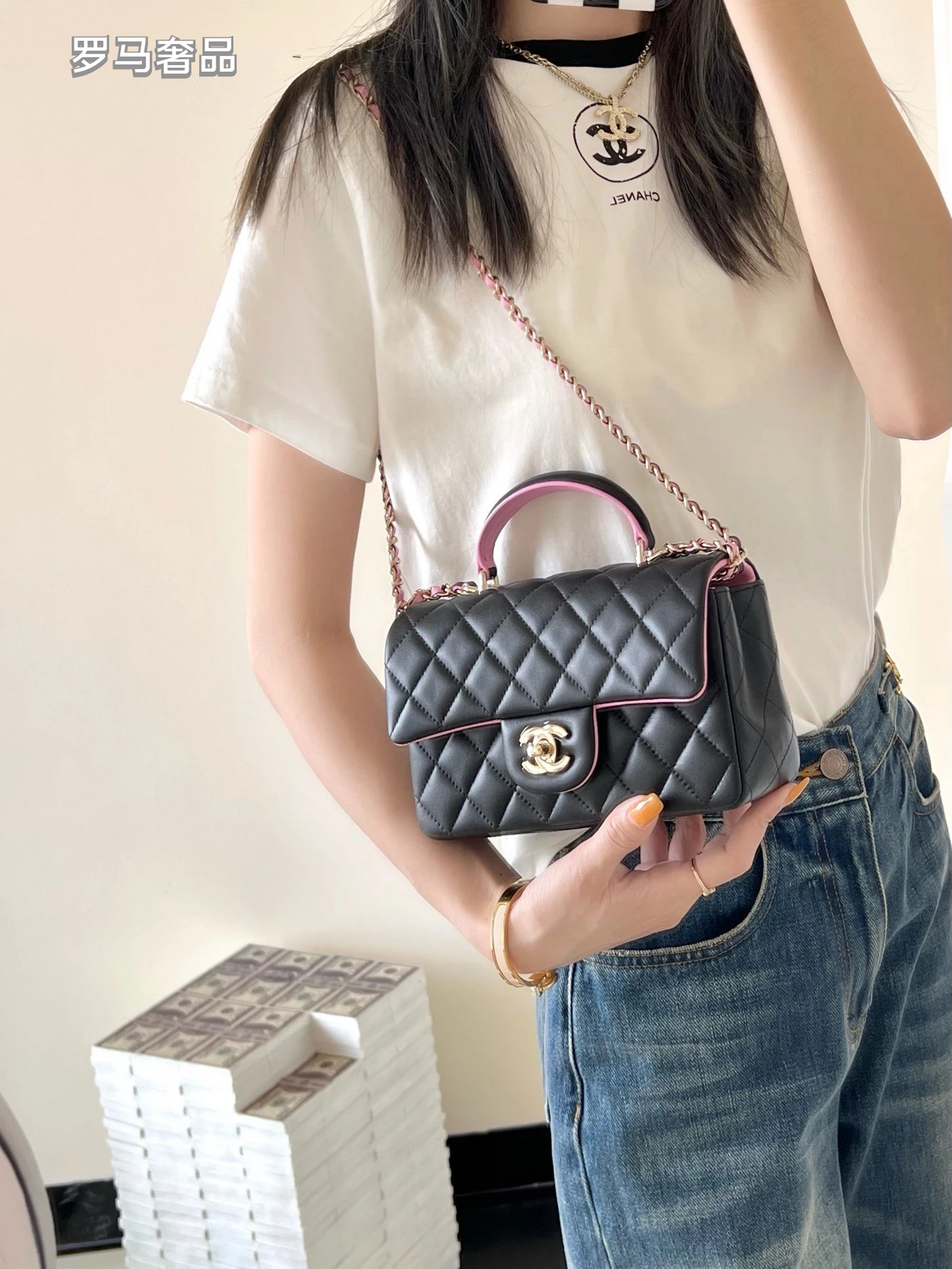 Chanel Small Quilted Top Handle Flap Bag - Black Leather with Gold-tone Hardware