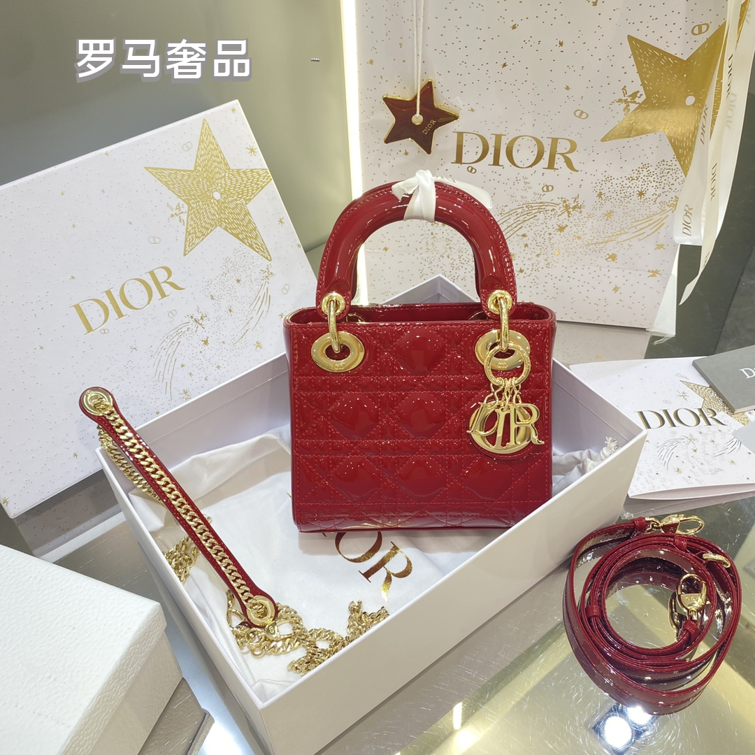 Christian Dior Micro Lady Dior Bag - Red Cannage Patent Calfskin with Gold-Finish Metal