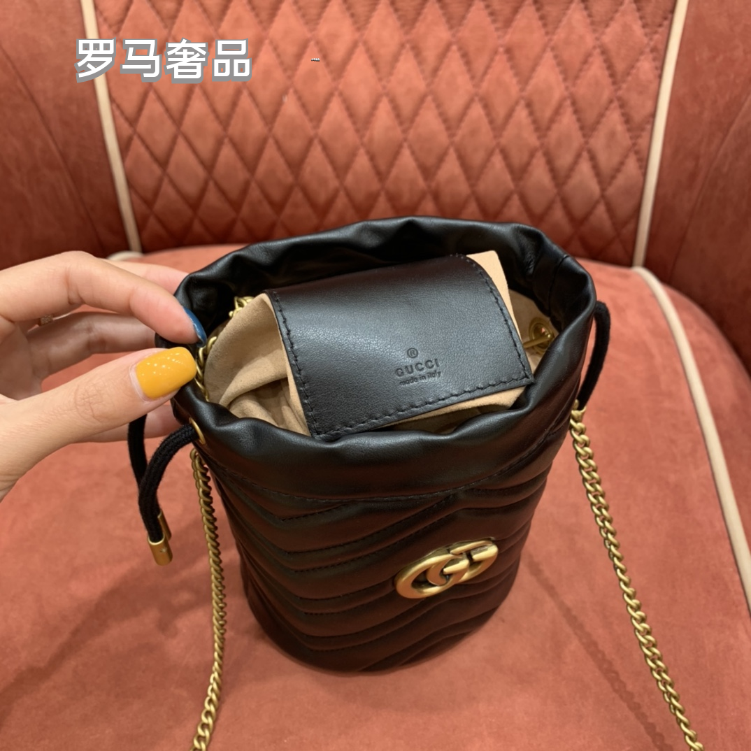 GG Marmont Matelassé Bucket Bag - Black Leather with Gold Hardware