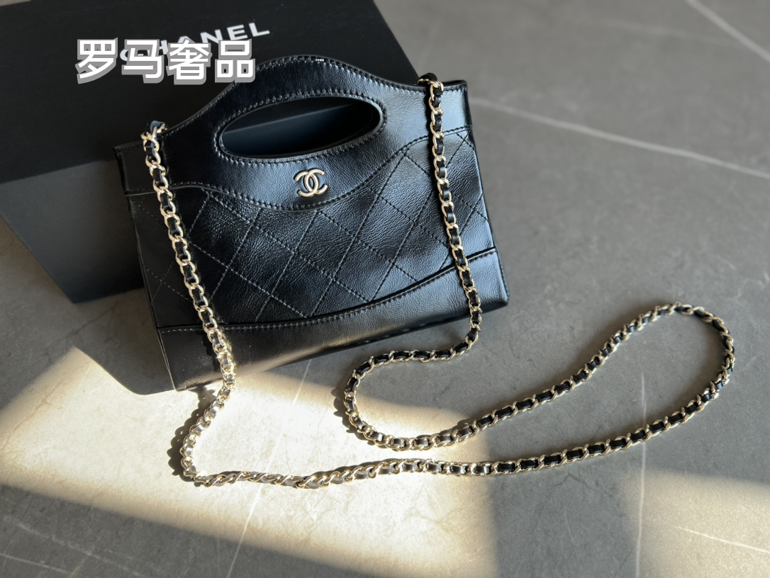 Chanel Black Leather Mini 31 Shopping Bag with Silver-Tone Chain