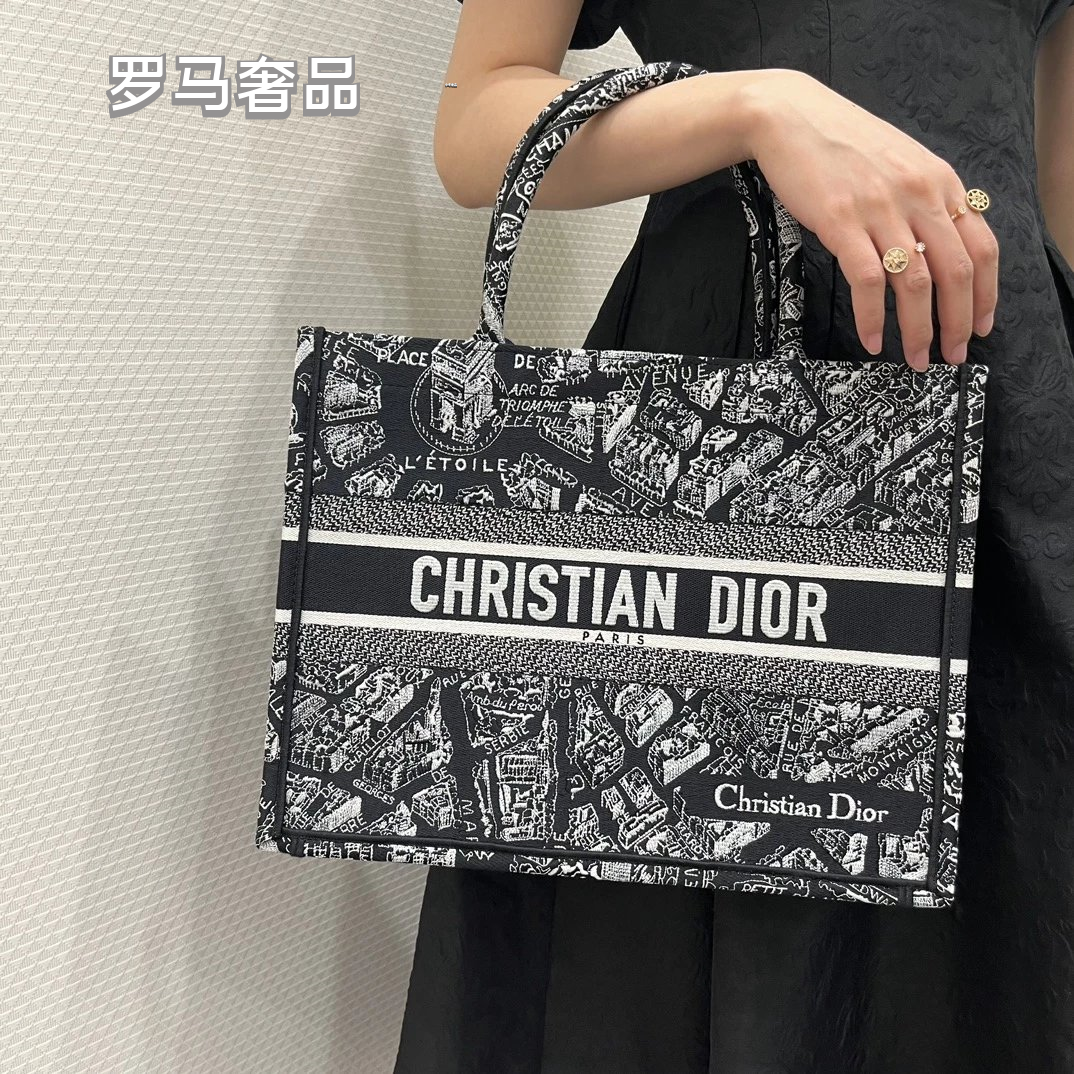 Dior Black and White Paris Street Map Embroidered Canvas Tote Bag