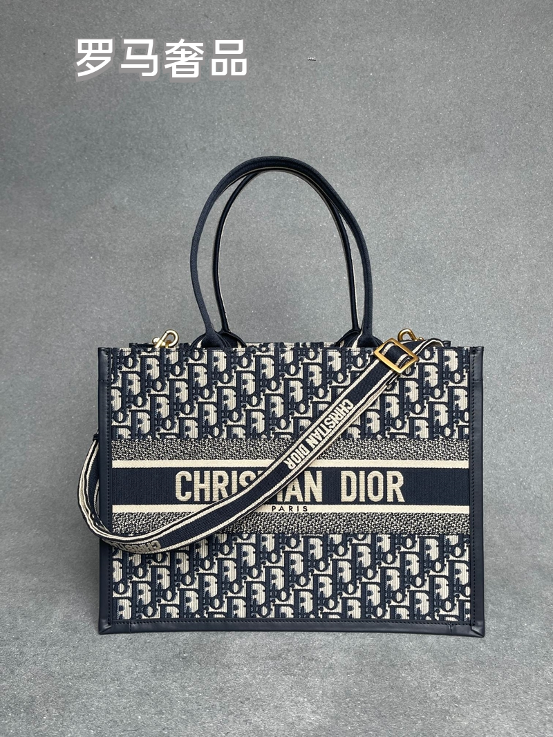 Dior Navy Blue Monogram Canvas Tote Bag with Top Handles