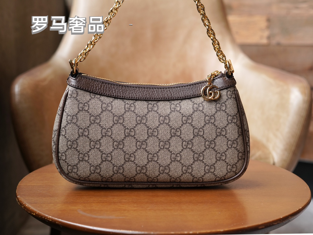 Gucci Vintage Monogram Canvas Shoulder Bag with Gold Chain and Webbing Strap