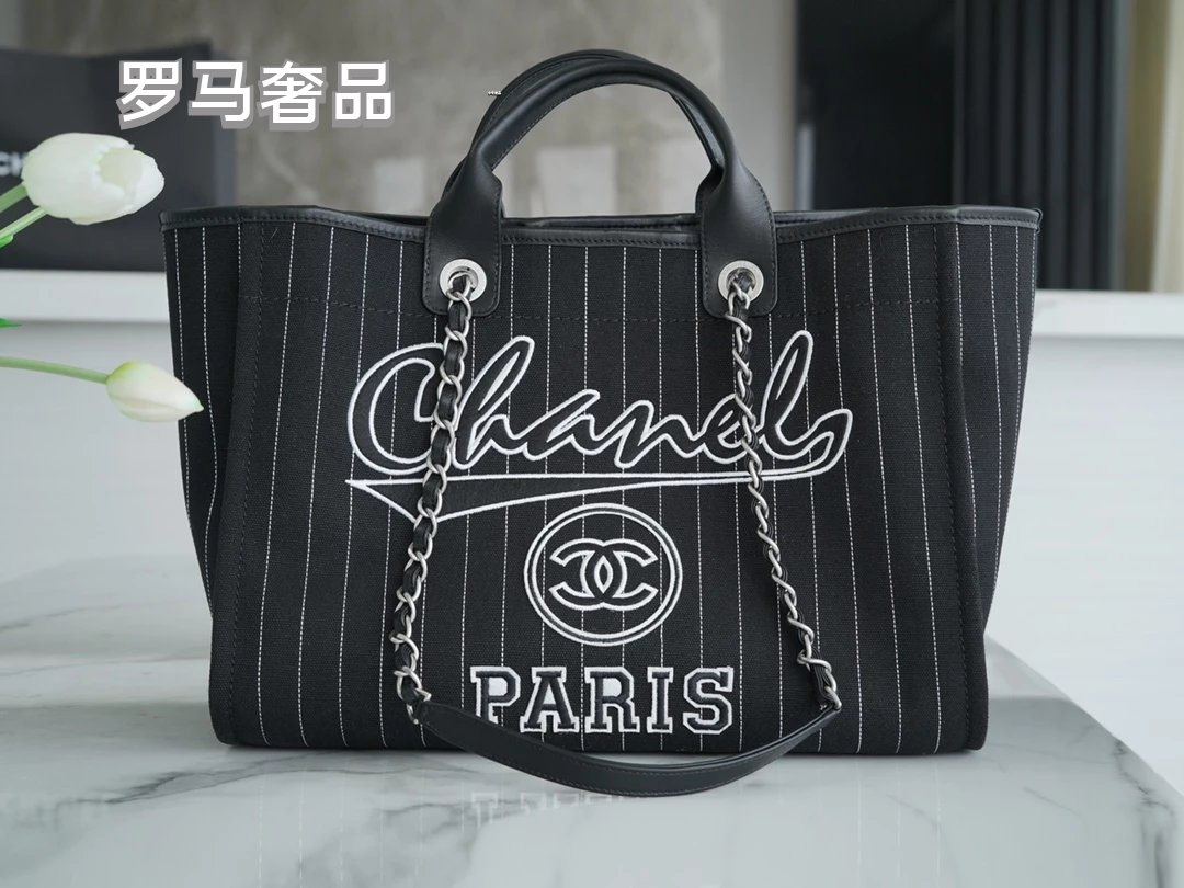 Chanel Pinstripe Canvas Deauville Tote Bag with Matching Pouch - Black/White