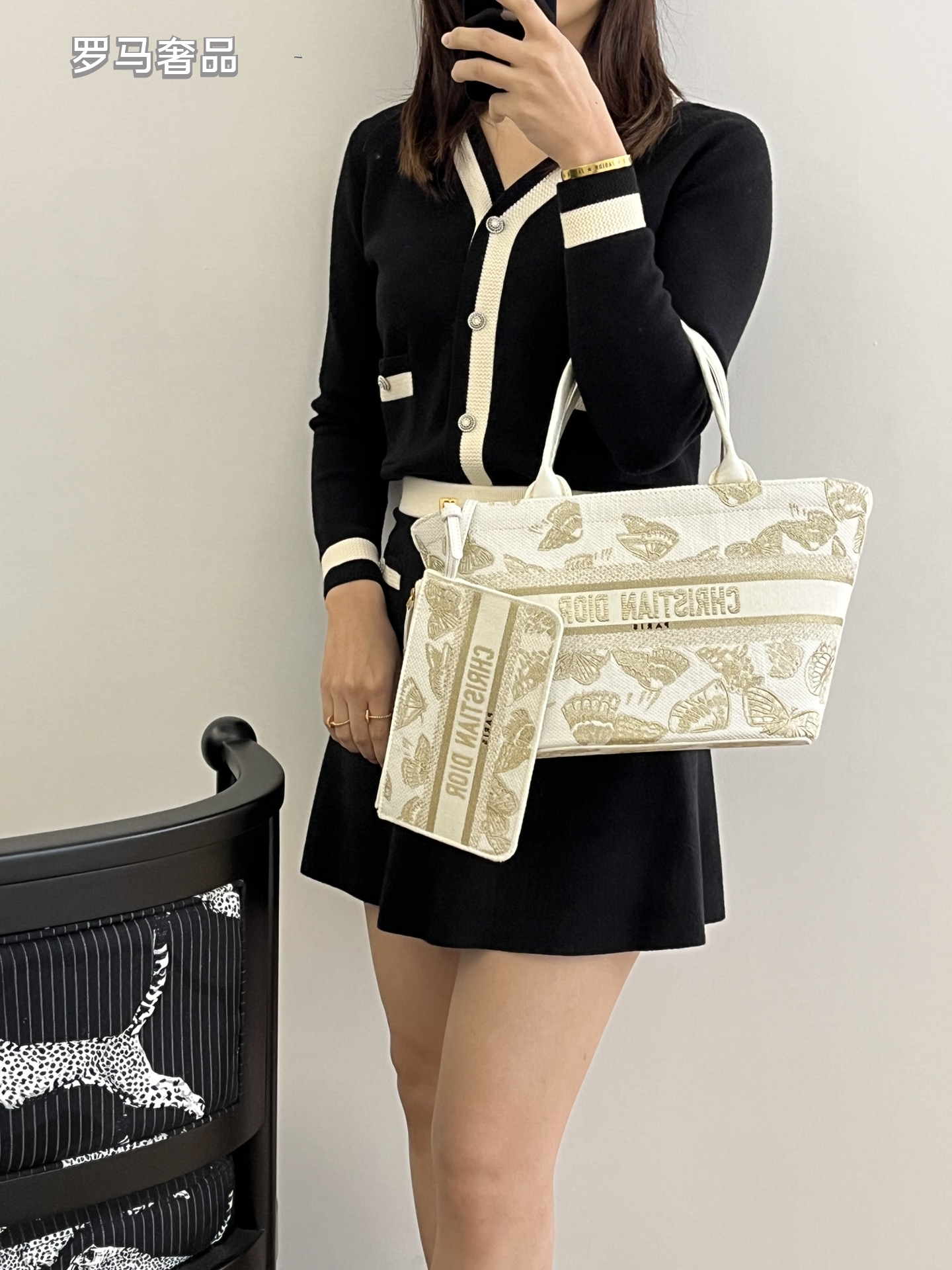 Dior Elegant Butterfly Embroidered Canvas Tote Handbag with Strap