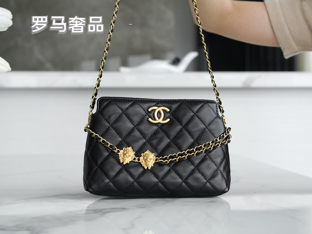 Chanel Black Quilted Leather Flap Bag with Lion Head Chain Embellishments