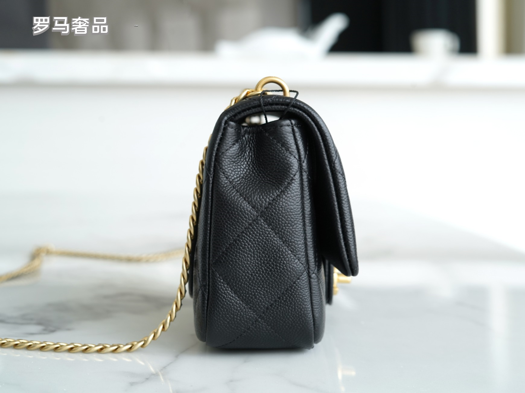 Chanel Quilted Leather Mini Flap Bag with Gold Heart Charm Chain - Black