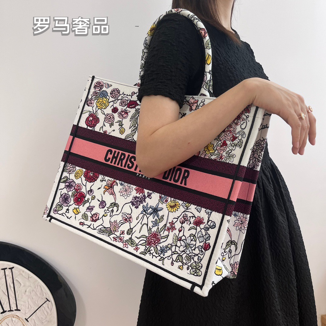 Dior Vintage Floral Embroidered Canvas Tote Bag Top Handle Handbag