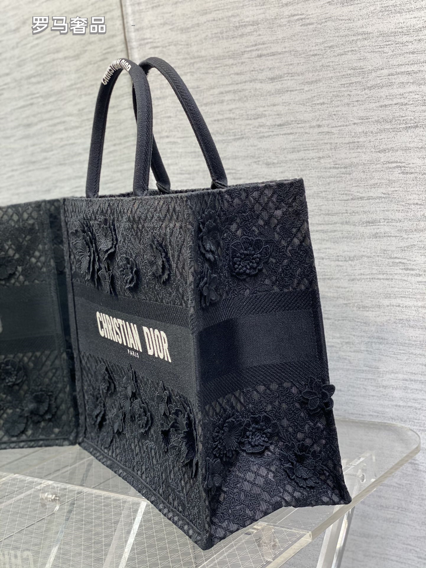 Dior Elegant White 3D Floral Lace Embroidered Canvas Tote Handbag