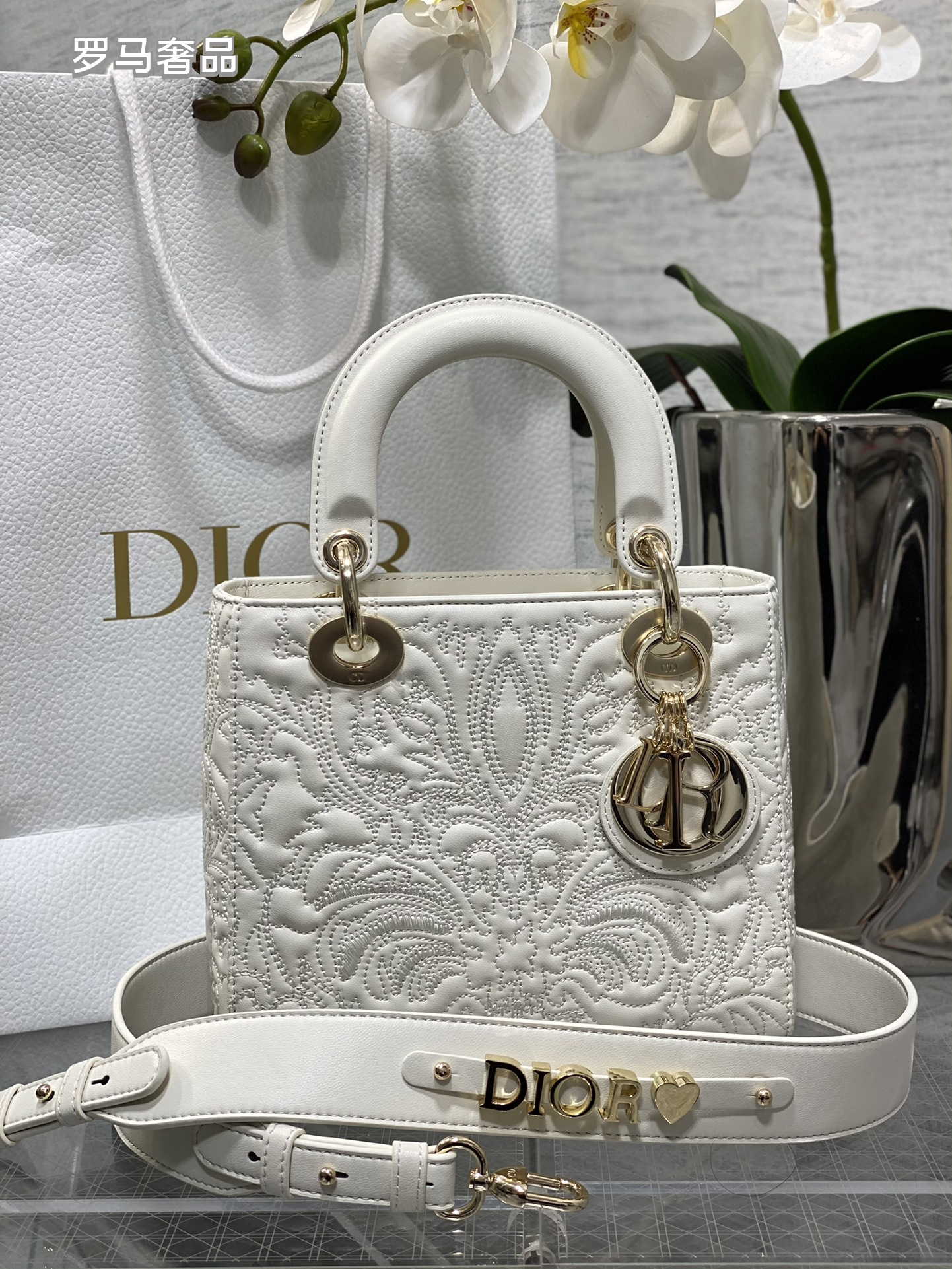 Dior Luxury White Floral Embossed Leather Handbag with Shoulder Strap