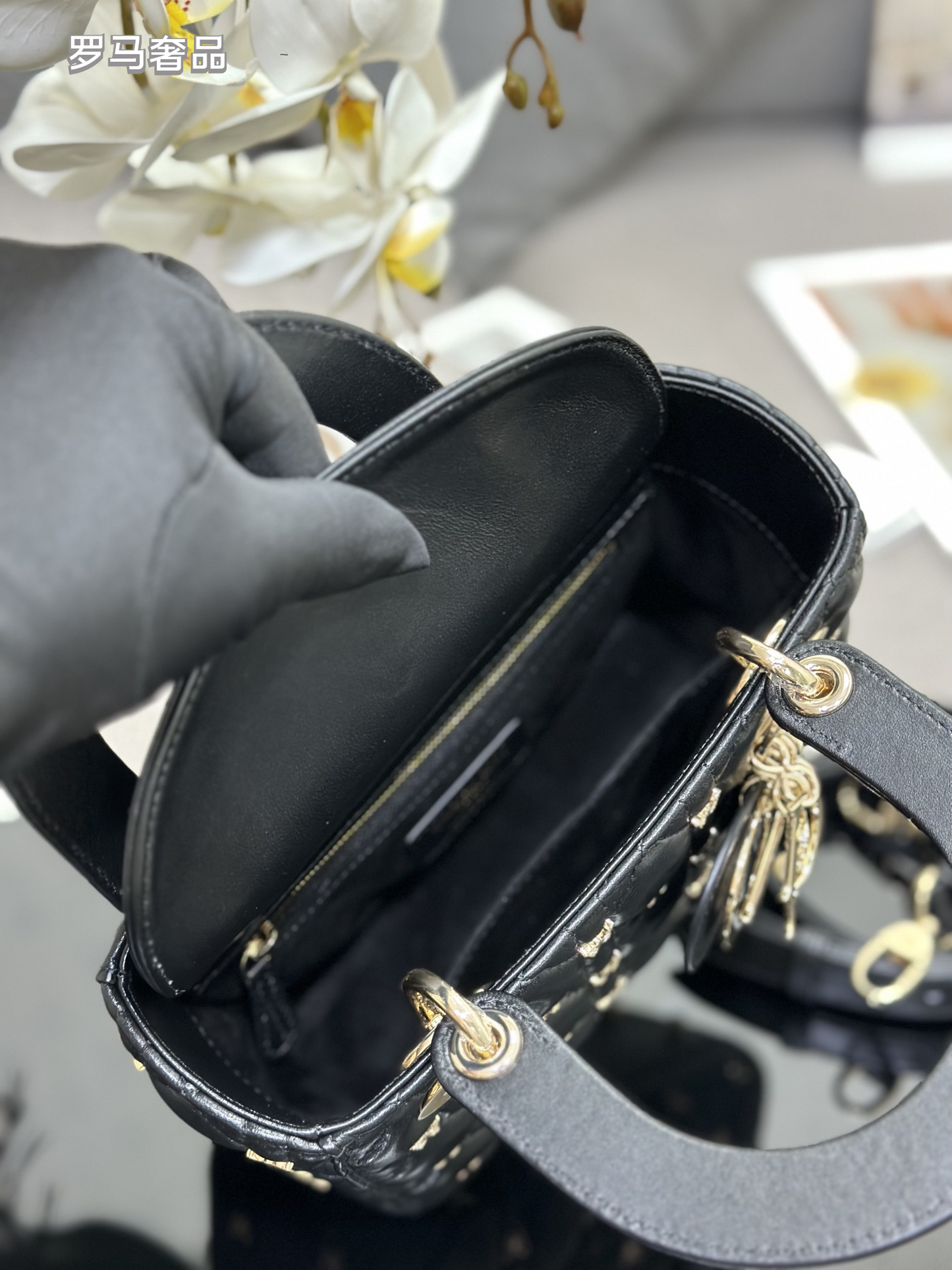 Dior Luxury Black Quilted Leather Handbag with Gold Butterfly Charm