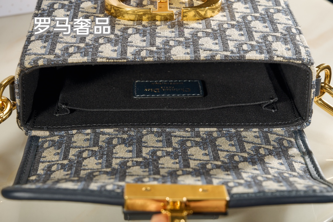 Dior Retro Monogram Flap Shoulder Bag with Gold Metal Clasp and Wide Strap