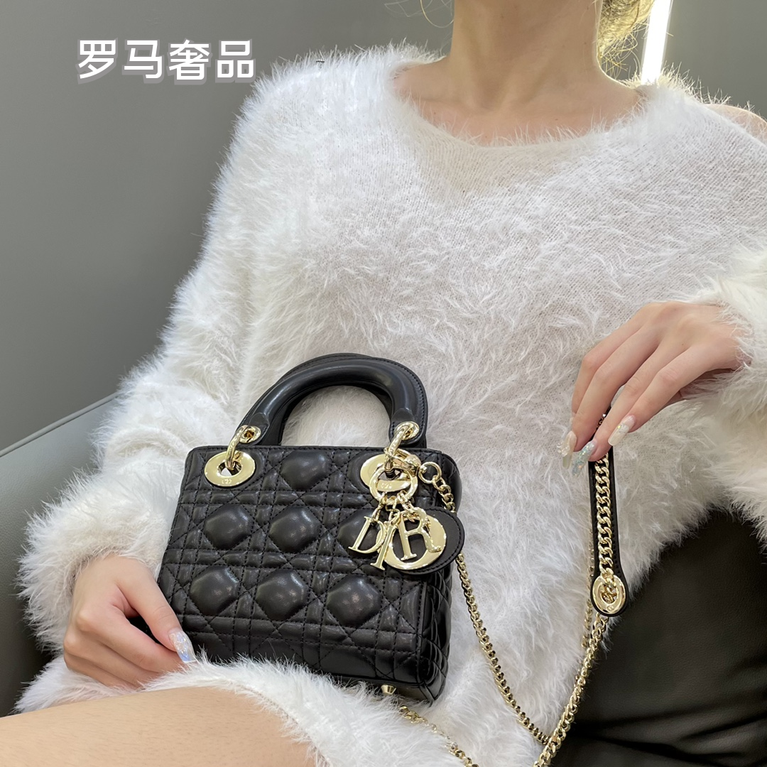 Lady Dior Micro Bag - Black Cannage Lambskin with Gold-Finish Metal Charms