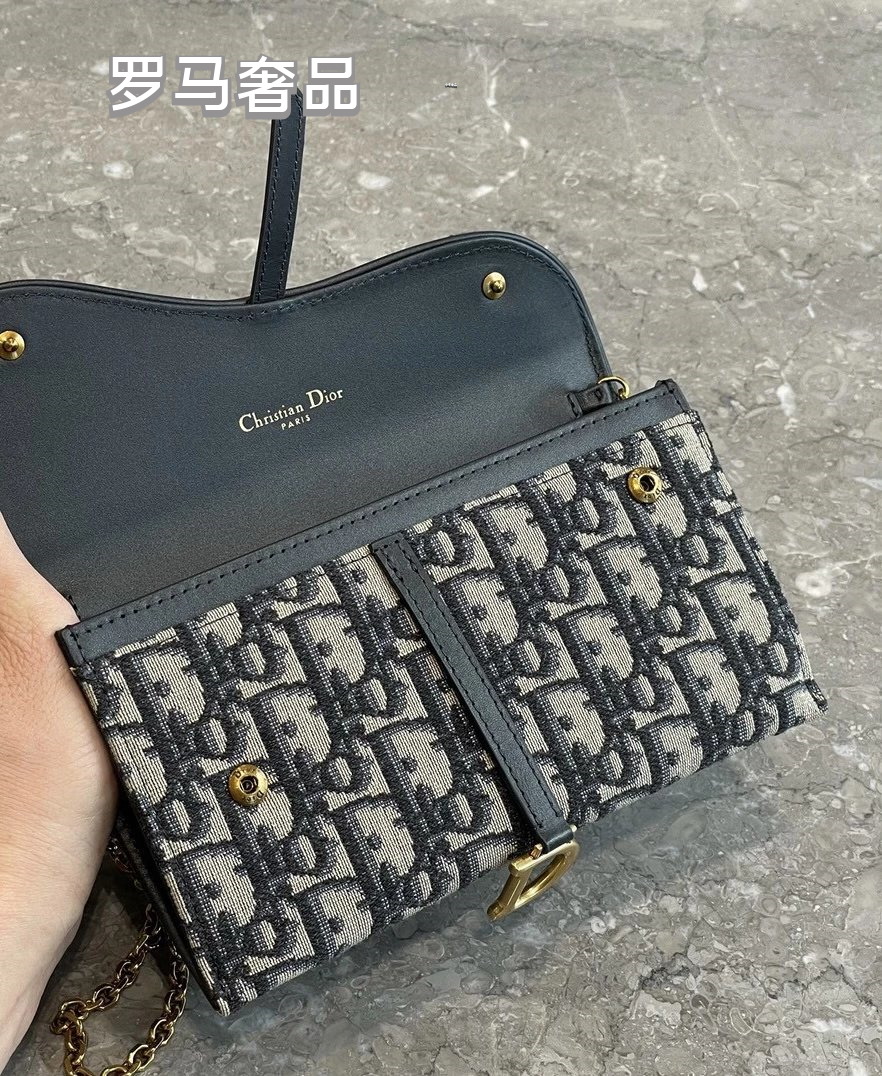 Dior Vintage Monogram Jacquard Saddle Wallet on Chain Crossbody Shoulder Bag