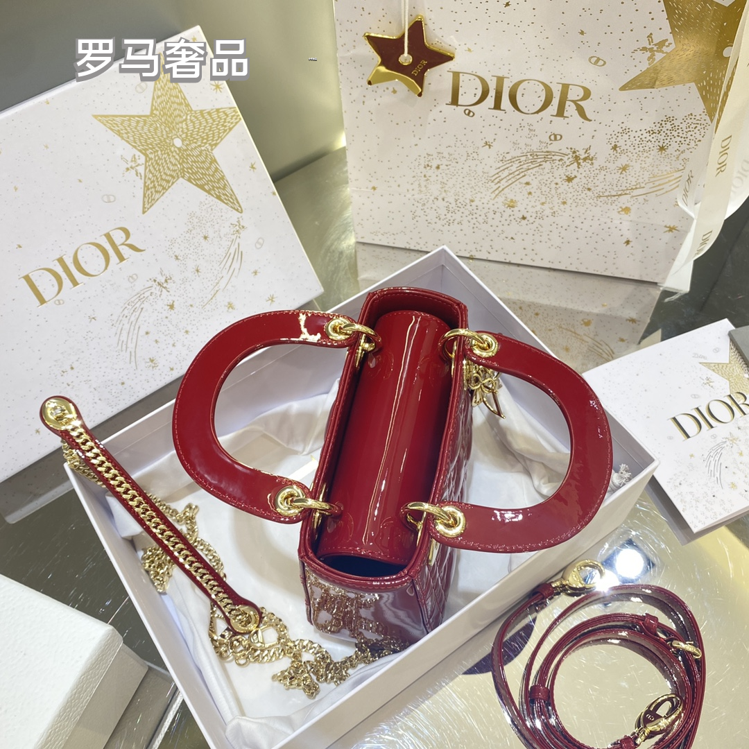 Christian Dior Micro Lady Dior Bag - Red Cannage Patent Calfskin with Gold-Finish Metal
