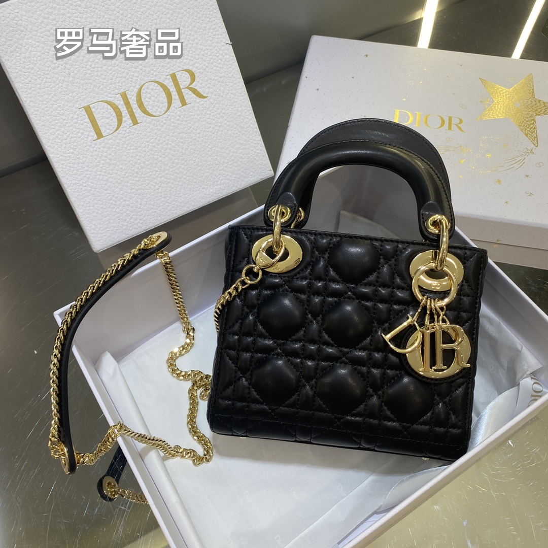 Dior Mini Black Quilted Leather Handbag with Gold Hardware and Charms