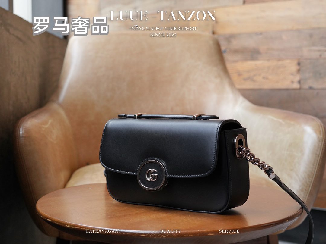 Gucci Classic Black Leather Shoulder Bag with Silver Oval Logo Buckle