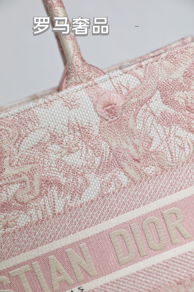Dior Pink Floral Toile Embroidered Canvas Tote Bag with Top Handles