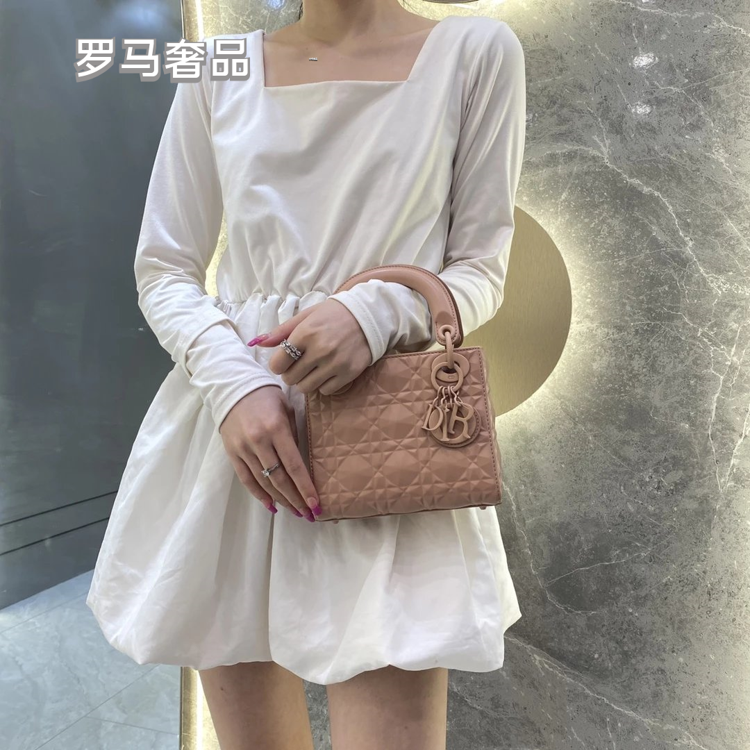 Dior Matte Beige Quilted Leather Mini Handbag with Top Handle and Chain