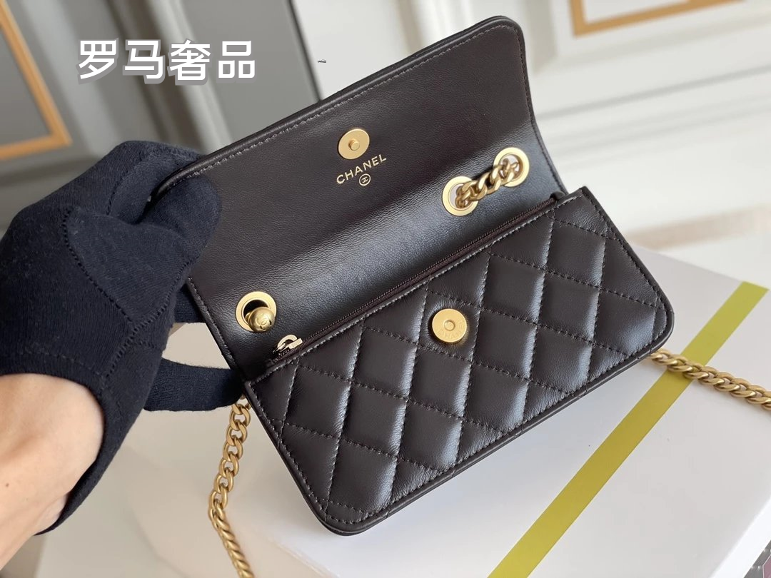Dark Green Quilted Leather Mini Flap Bag with Gold-Tone Chain and Logo