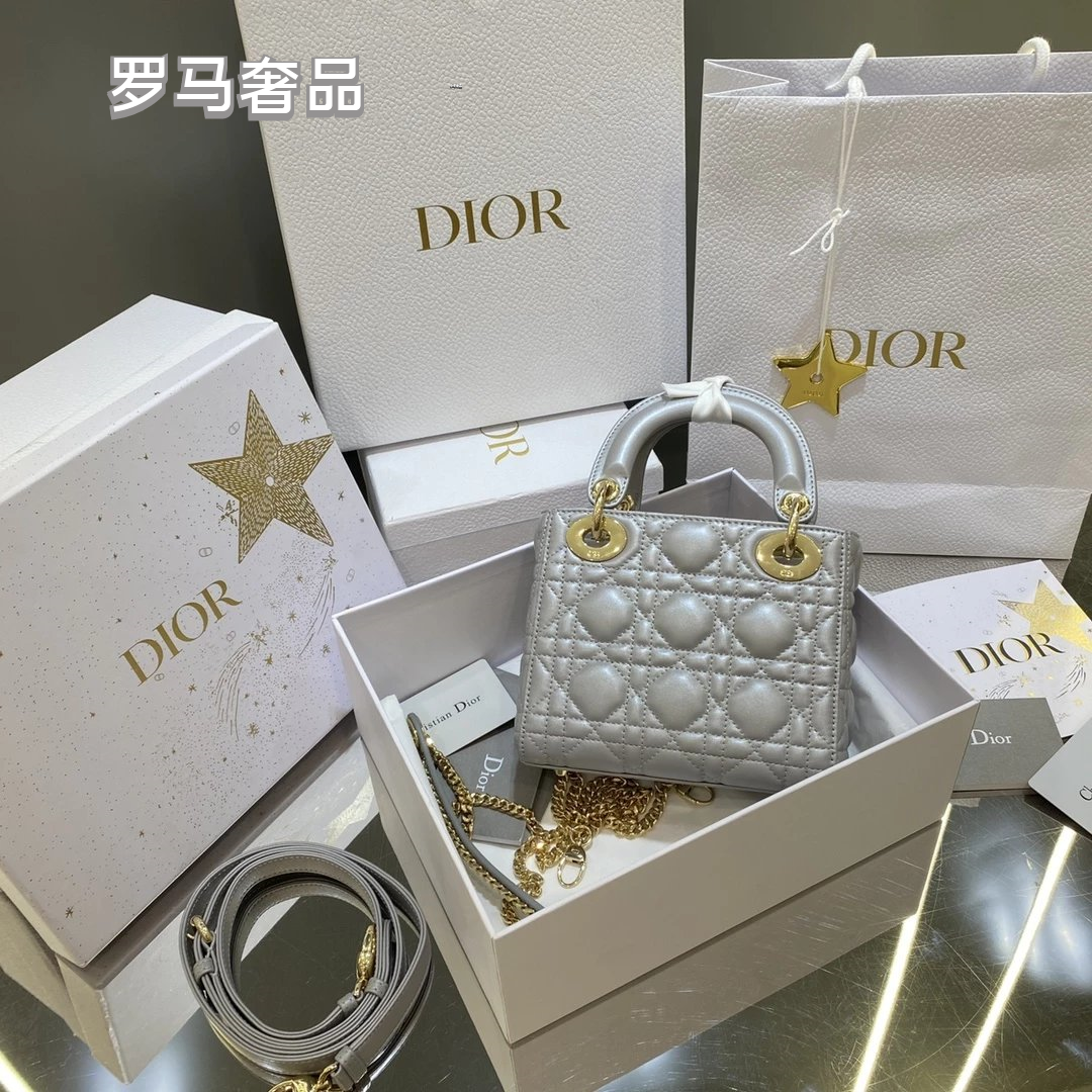 Dior Classic White Quilted Leather Mini Top Handle Bag with Silver Hardware