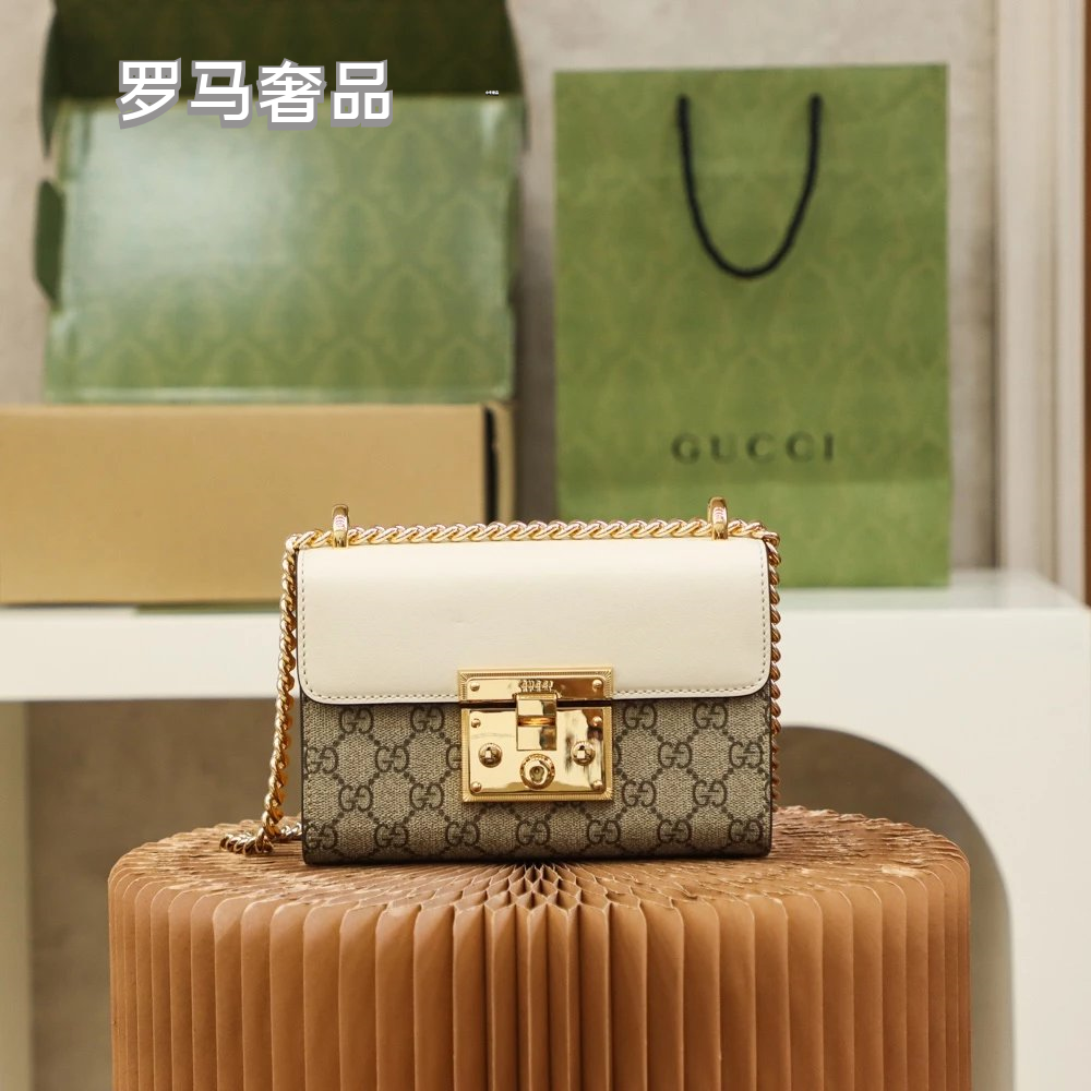 Gucci Vintage Monogram Canvas Crossbody Bag with Leather Flap and Gold Chain