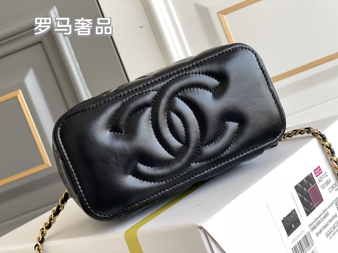 TANZON Black Quilted Leather Vanity Case Crossbody Bag with Gold Chain Strap