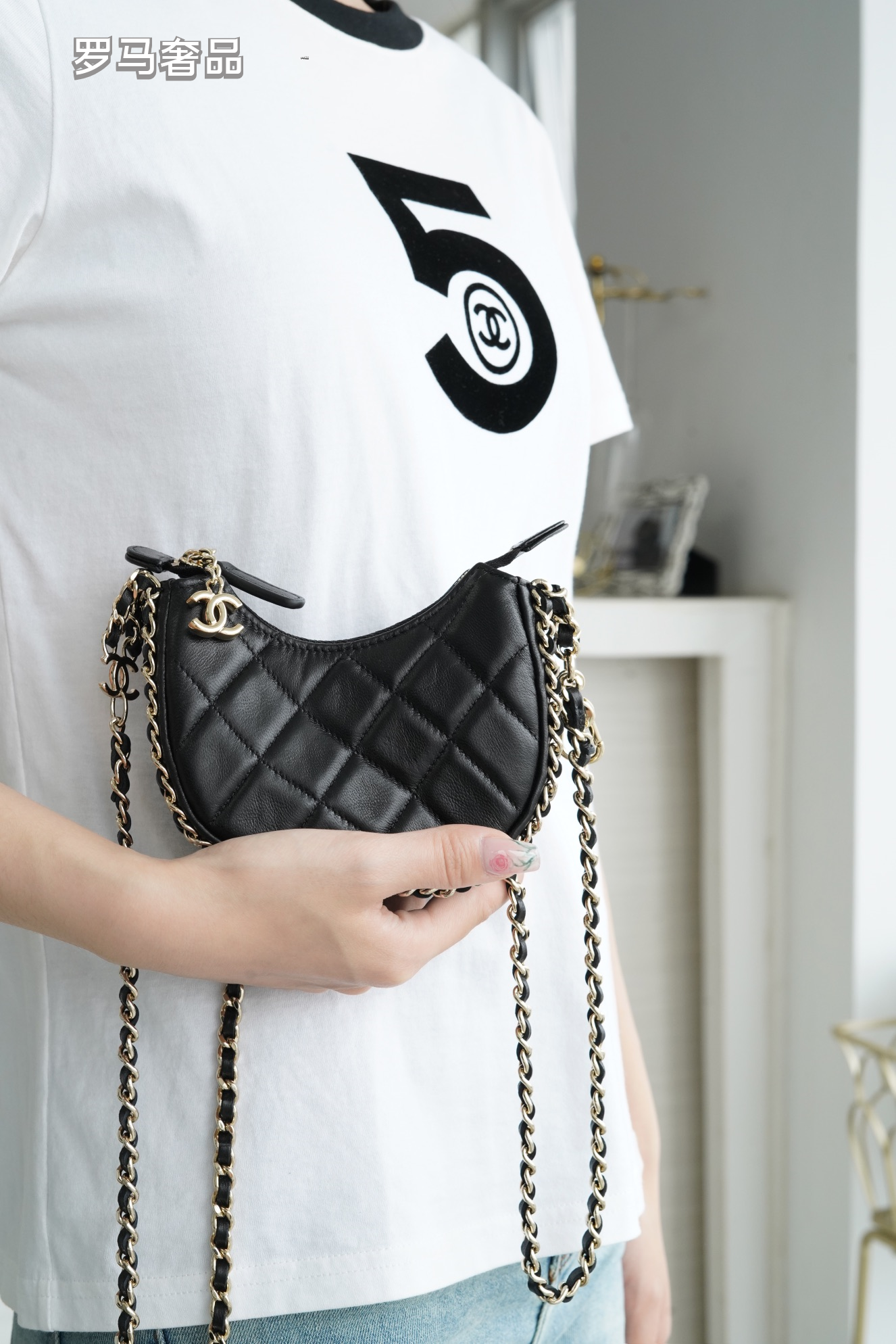 Luxury Black Quilted Leather Mini Hobo Bag with Gold-Tone Chain Strap
