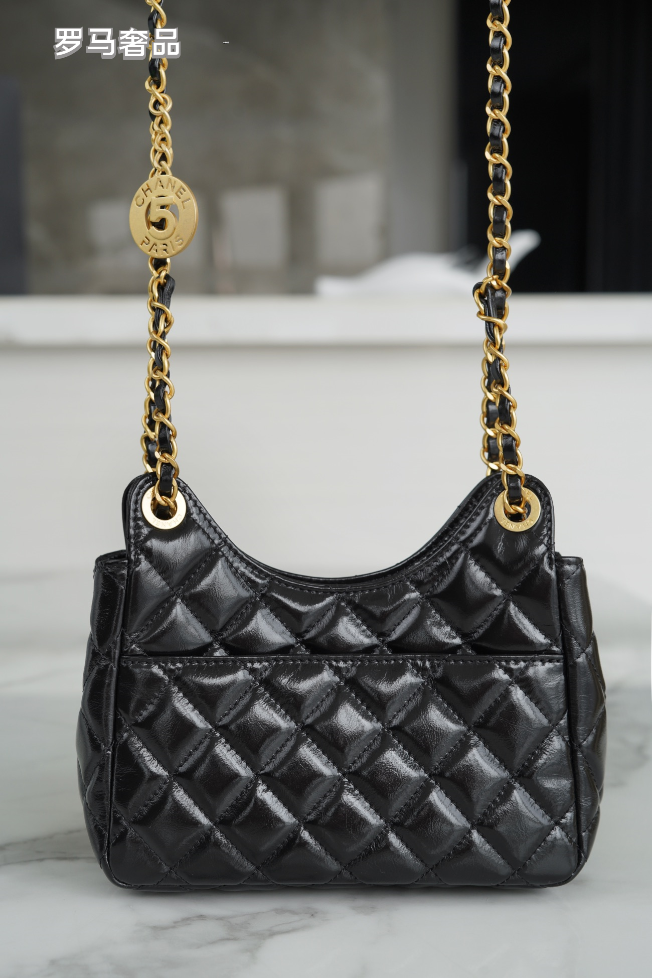 Elegant Black Quilted Patent Leather Shoulder Bag with Gold Chain Strap