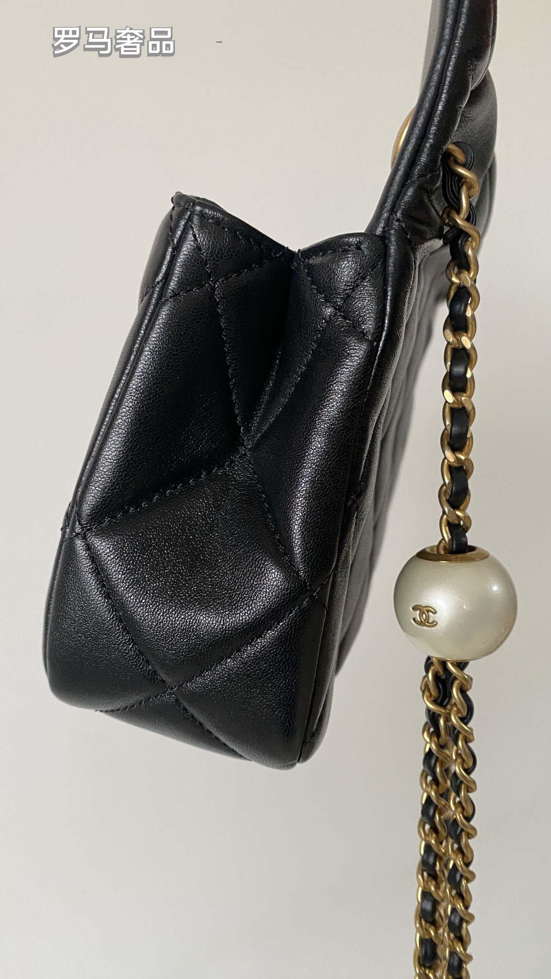 Chanel Quilted Lambskin Mini Flap Bag with Pearl Crush Chain - Black Gold Hardware