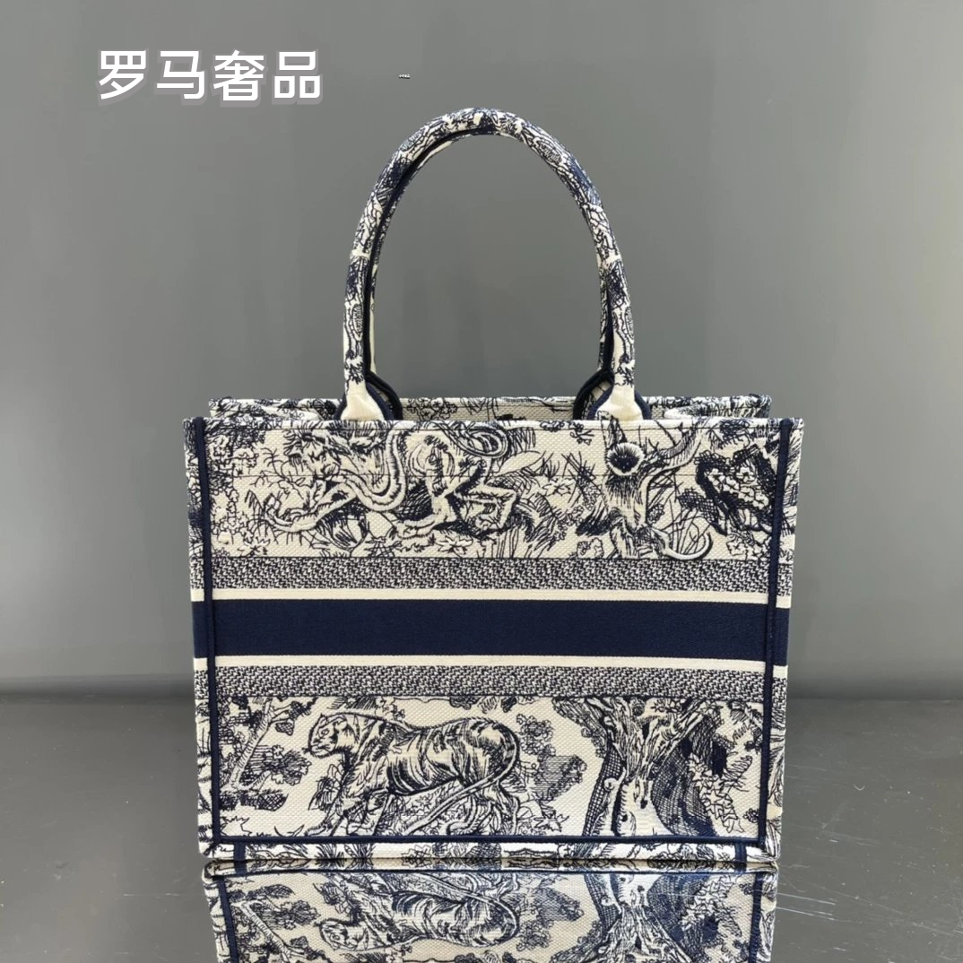 Dior Vintage Grey Toile de Jouy Canvas Tote Bag with Top Handles