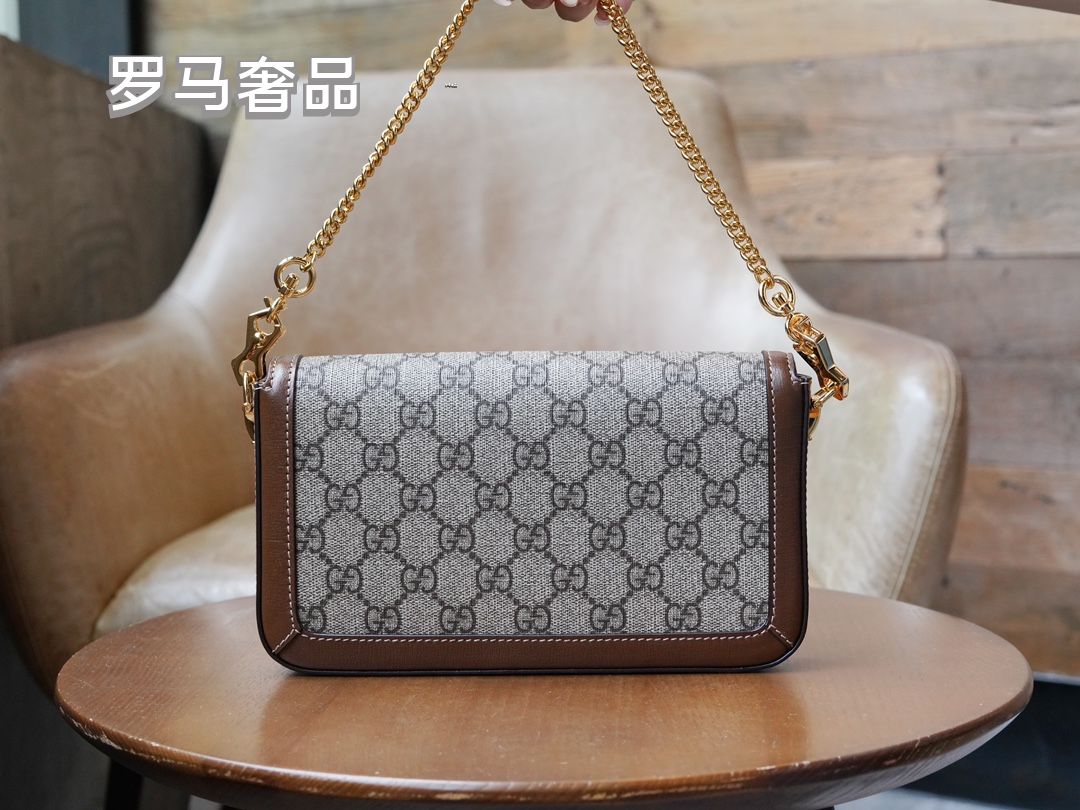 Gucci Horsebit 1955 Mini Shoulder Bag in GG Supreme Canvas with Brown Leather Trim