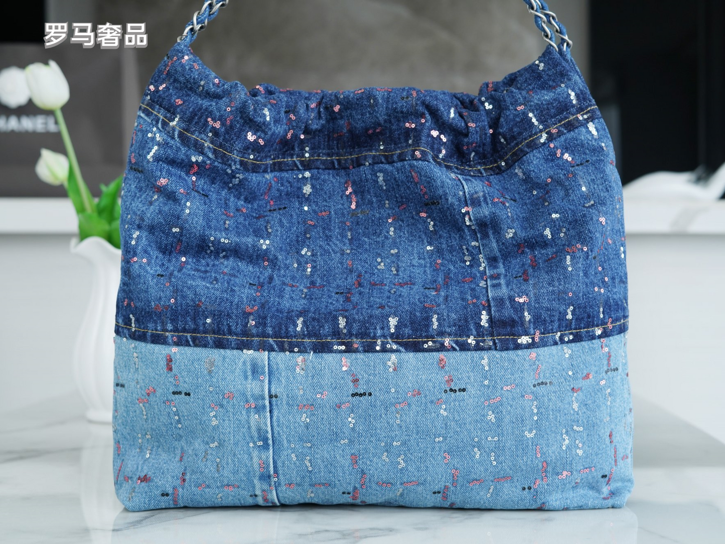 Chanel 22 Denim Patchwork Tote Bag with Matching Pouch - Blue Washed Denim Shoulder Bag