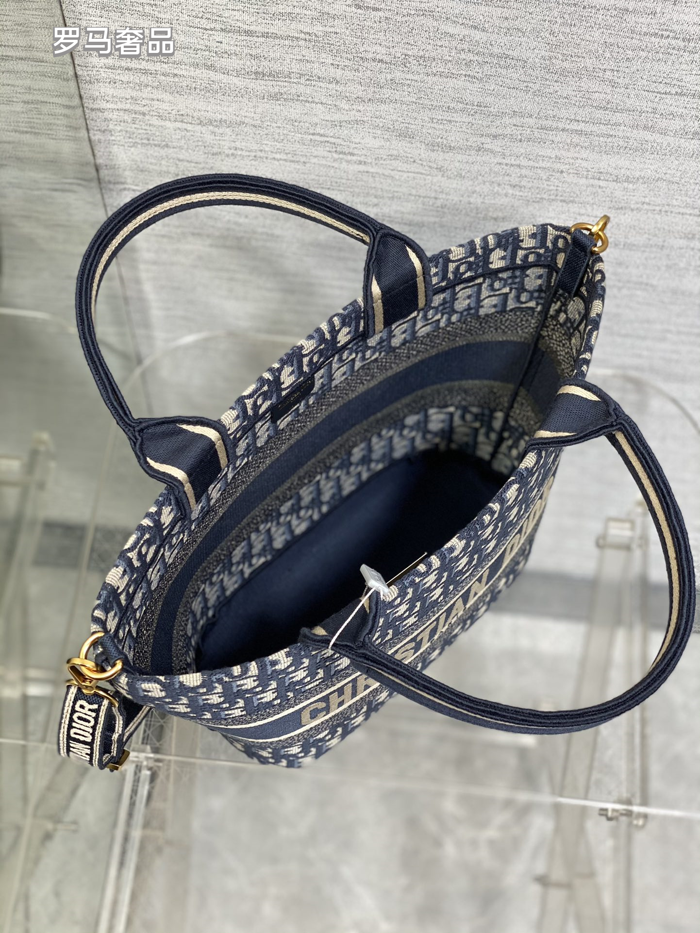 Dior Blue Monogram Canvas Tote Bag with Double Handles and Strap