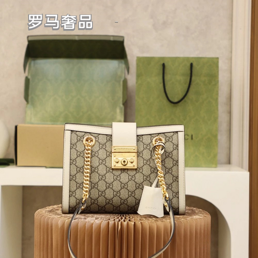 Gucci Padlock Small GG Supreme Shoulder Bag with White Leather Trim