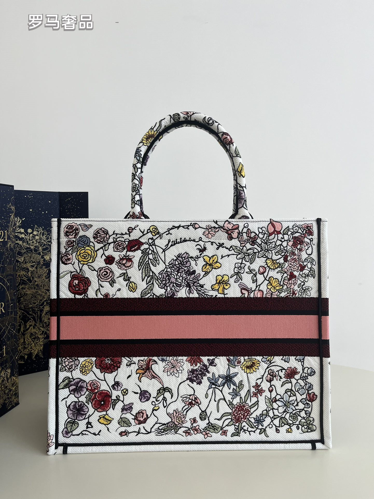 Dior Vintage Floral Embroidered Canvas Tote Bag Top Handle Handbag