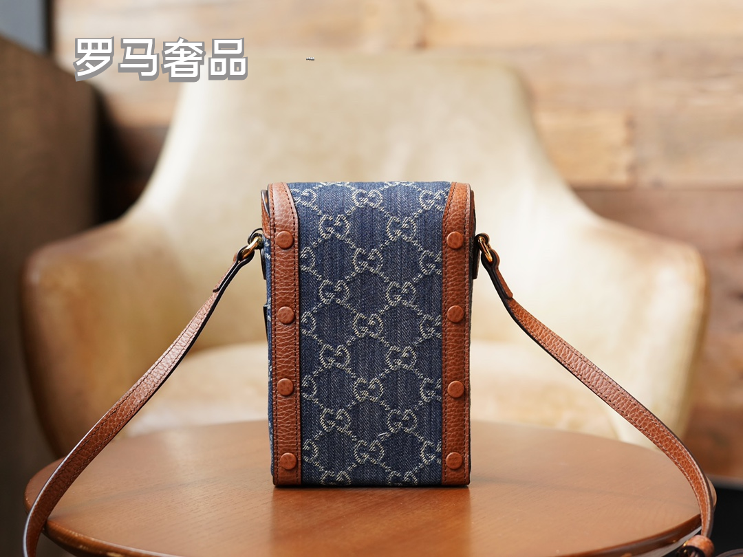 Gucci Vintage Monogram Denim Mini Crossbody Phone Bag with Horsebit Detail