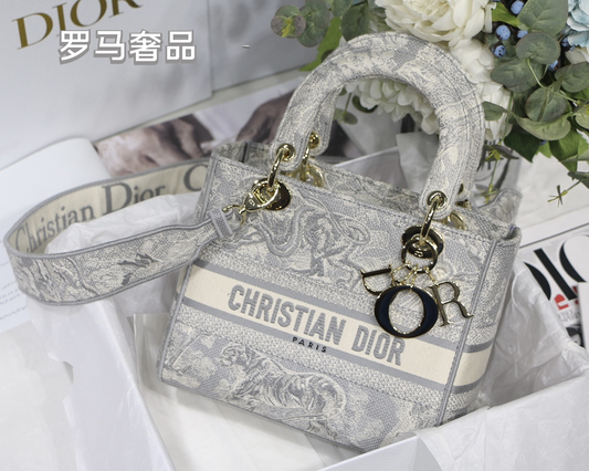 Dior Elegant Grey Floral Embroidered Canvas Top Handle Bag