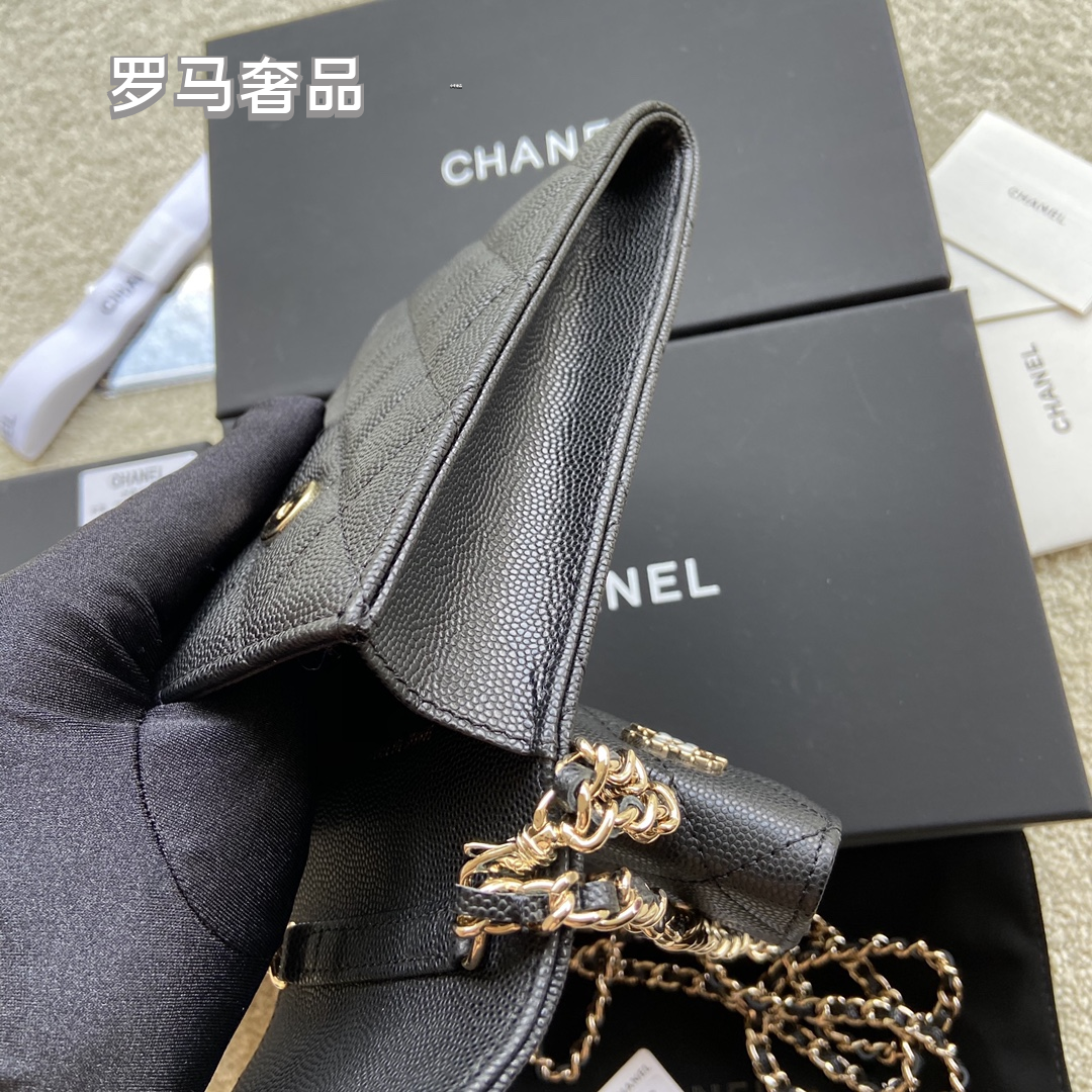 Women's Black Quilted Phone Crossbody Bag with Matching Airpods Pouch and Chain Strap
