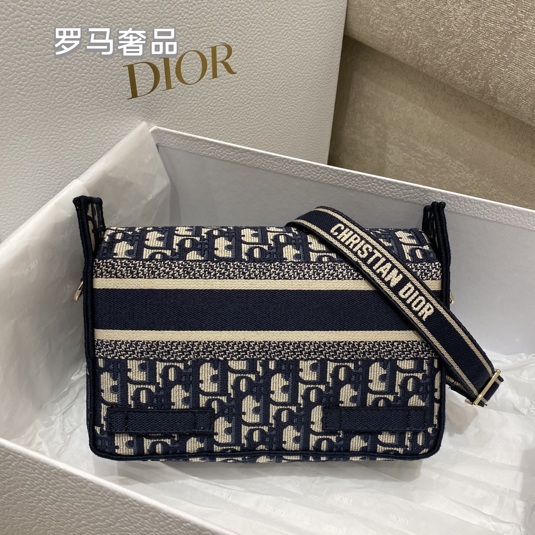 Dior Blue Monogram Embroidered Canvas Messenger Shoulder Bag