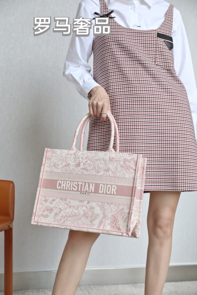 Dior Pink Floral Toile Embroidered Canvas Tote Bag with Top Handles