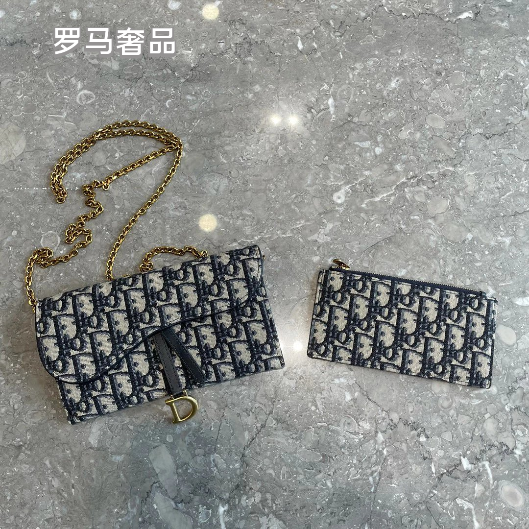 Dior Vintage Monogram Jacquard Saddle Wallet on Chain Crossbody Shoulder Bag